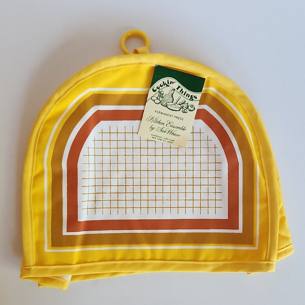 Vintage 70s Sun Weave Cookin Things Toaster Cover Appliance NOS Yellow Orange